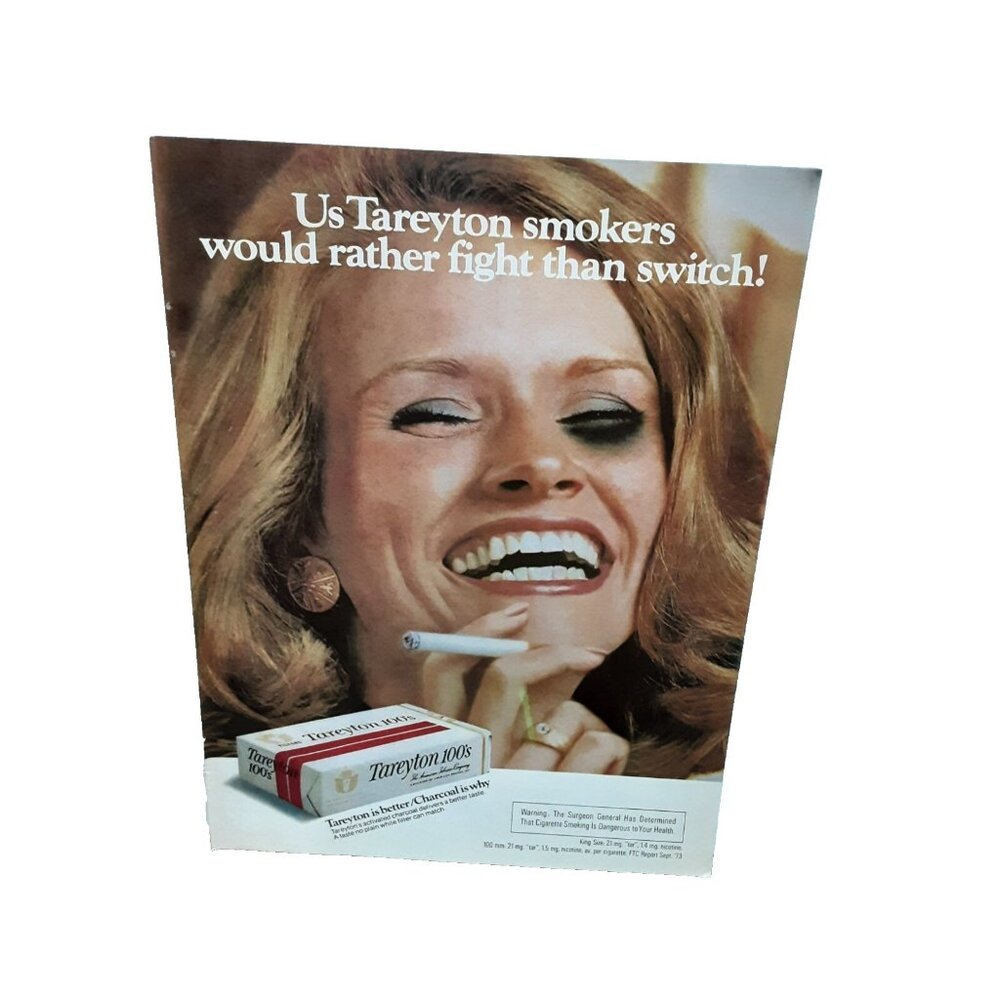 1974 Tareyton Cigarettes Woman Smoker Black Eye Original Print Ad 70s